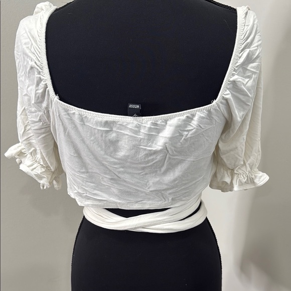 Windsor White Puff Sleeve Wrap Blouse size L crop - Picture 8 of 9